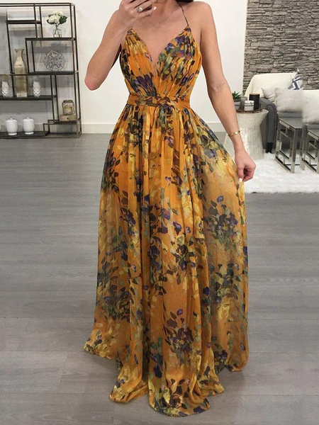 

Regular Fit Elegant Floral V Neck Long Dress, Yellow, Maxi Dresses