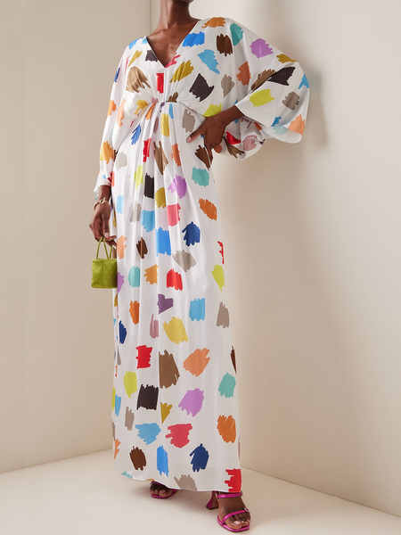 Loose Short sleeve V neck Geometric Elegant Long Dress, White, Maxi Dresses