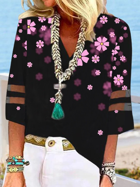 

Vacation Floral Loose V Neck Shirt, Black, Shirts & Blouses