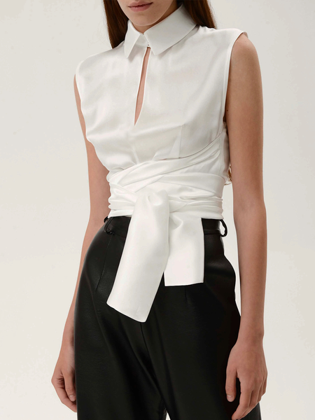 

Urban Regular Fit Shirt Collar Sleeveless Blouse, White, Blouses and Shirts