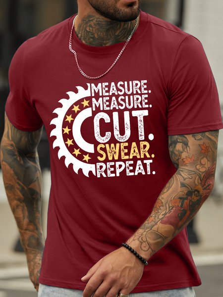 

Men’s Measure Measure Cut Swear Repeat Casual Text Letters T-Shirt, Red, T-shirts