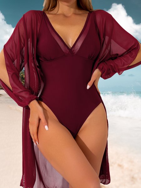 

Simple Plain V Neck One-Piece two piece suit Swimsuit, Red, swimwear>>One-Pieces