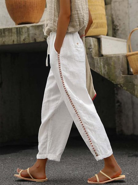 

Loose Casual Drawstring Plain Pants, White, Pants