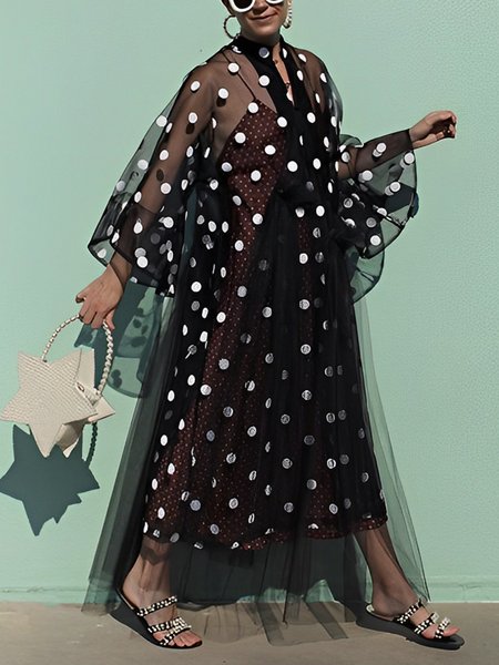 

Vacation Stand Collar Loose Polka Dots Kimono, Black-white, Others