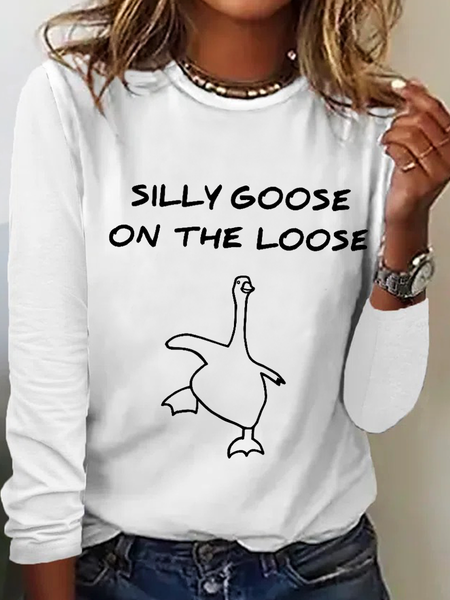 

Women's Funny Word Silly Goose On The Loose Simple Cotton-Blend Long Sleeve Shirt, White, Long sleeves