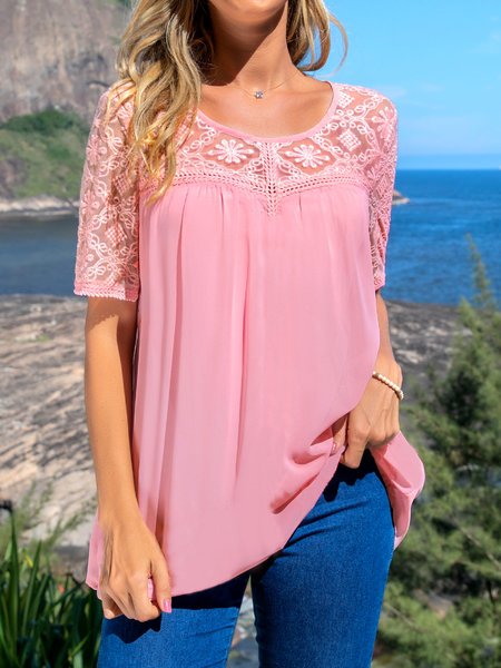 

Lace Crew Neck Elegant Plain Shirt, Pink, Shirts & Blouses