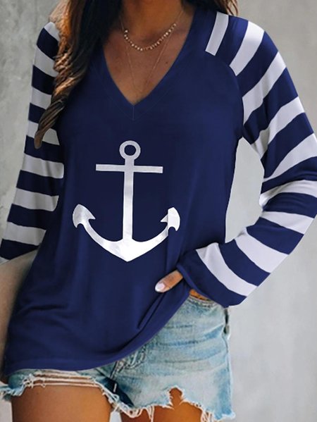 

Sea V Neck Anchor Casual Loose T-Shirt, Blue, T-Shirts
