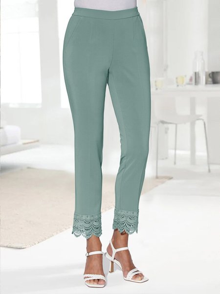 

Lace Edge Plain Regular Fit Elegant Pants, Green, Pants