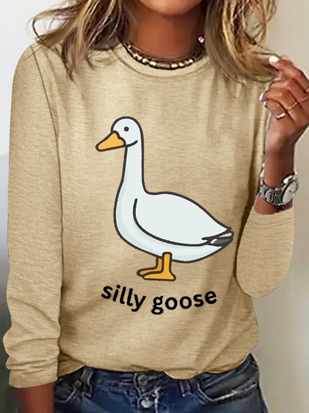 

Women's Funny Word Silly Goose Crew Neck Simple Long sleeve Shirt, Khaki, Long sleeves