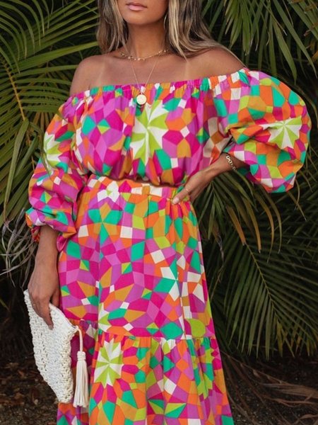 

Vacation Geometric Print Cold Shoulder Shirt, Multicolor, Blouses and Shirts