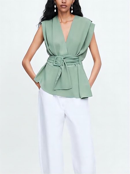 

Regular Fit Plain Elegant V Neck Blouse, Green, Blouses and Shirts