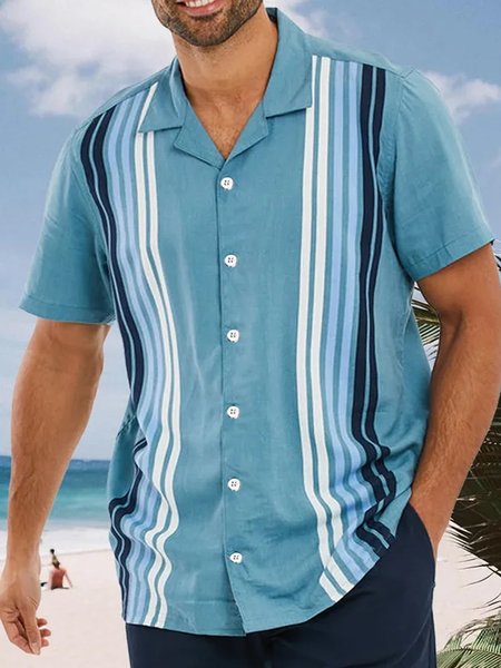 

Striped Short Sleeve Bowling Shirt, Blue, Men Shirts