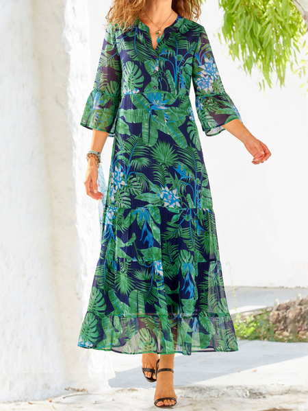 

Palm Leaf Loose V Neck Vacation Dress, Green, Dresses