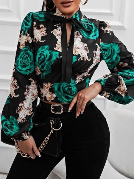 

Stand Collar Floral Long sleeve Blouse, As picture, Blouses and Shirts