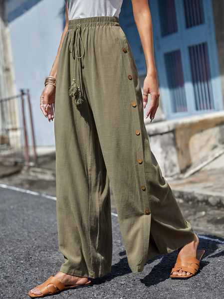 

Buckle Plain Loose Casual Pants, Green, Pants
