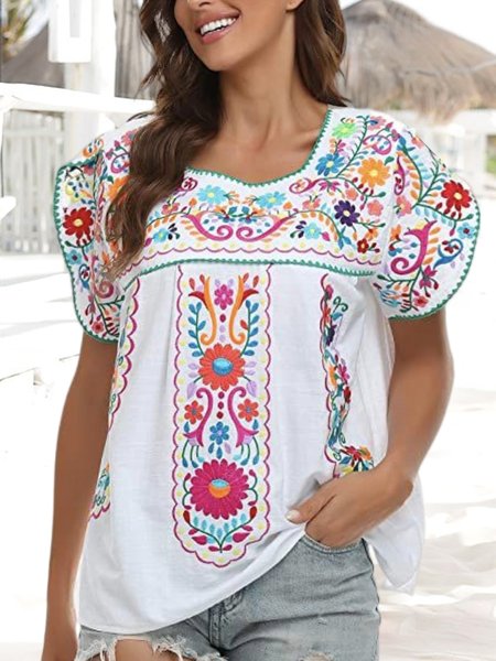 

Ethnic Crew Neck Vacation Cotton Shirt, White, Shirts & Blouses