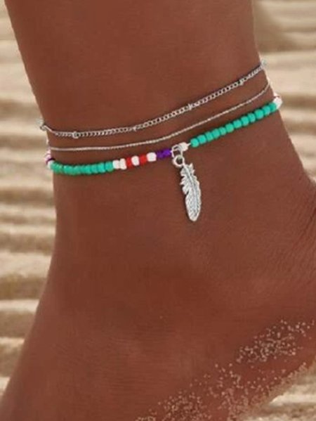 

Boho Feather Pendant Layered Anklet Beach Vacation Maxi Dress Jewelry, As picture, Anklets