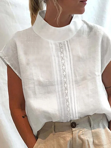 

Half Turtleneck Lace Design Casual Shirt, White, Tees & T-shirts