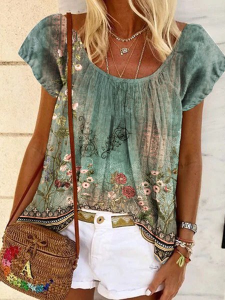 

Crew Neck Loose Ethnic T-Shirt, Green, T-Shirts