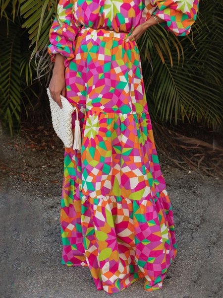 

Vacation Geometric Print Loose Skirt, Multicolor, Skirts