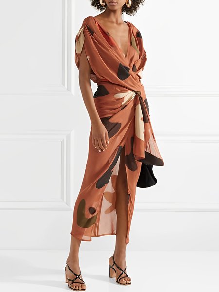 

Regular Size V Neck Vacation Dress, Brick red, Maxi Dresses