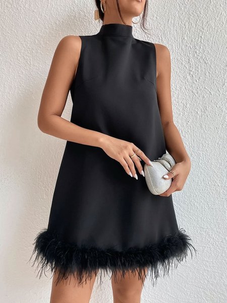 

Stand Collar Plain Urban Loose Sleeveless Dress, Black, Mini Dresses