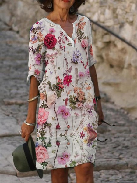 

Boho Notched Loose Floral Dress, Multicolor, Dresses