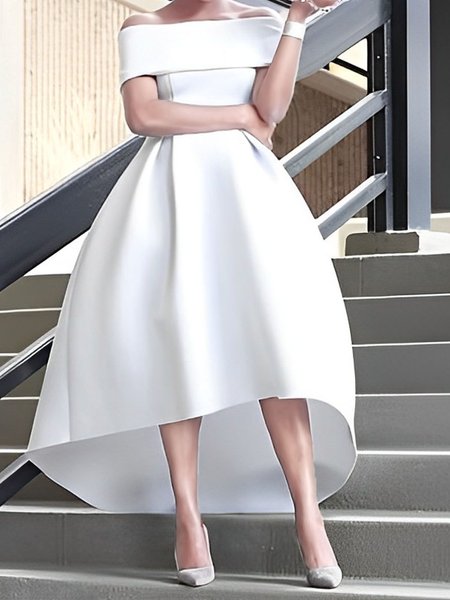 

Elegant Cold Shoulder Plain Short sleeve Dress, White, Maxi Dresses