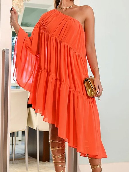 

Daily Elegant Regular Fit One Shoulder Dress, Orange, Midi Dresses