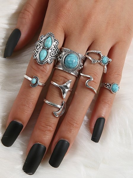

8Pcs Ethnic Style Turquoise Ring Set Beach Vacation Dress Jewelry, As picture, Rings
