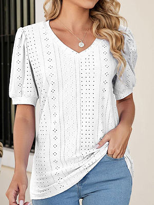

V Neck Regular Fit Casual Plain T-Shirt, White, T-Shirts