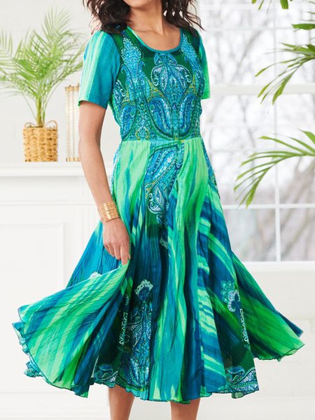 

Regular Fit Vacation Ethnic Crew Neck Dress, Cyan, Dresses