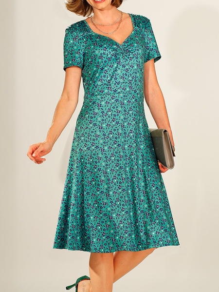 

Ditsy Floral V Neck Casual Color Block Dress, Green, Dresses