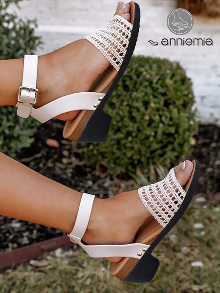 

Vacation Openwork Woven Block Heel Sandals, White, Sandals