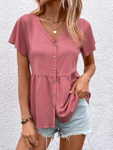 

Loose Casual Plain V Neck Blouse, Red, Shirts & Blouses