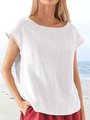 

Round Neck Casual Loose Solid Color Short-sleeved Blouse, White, Shirts & Blouses