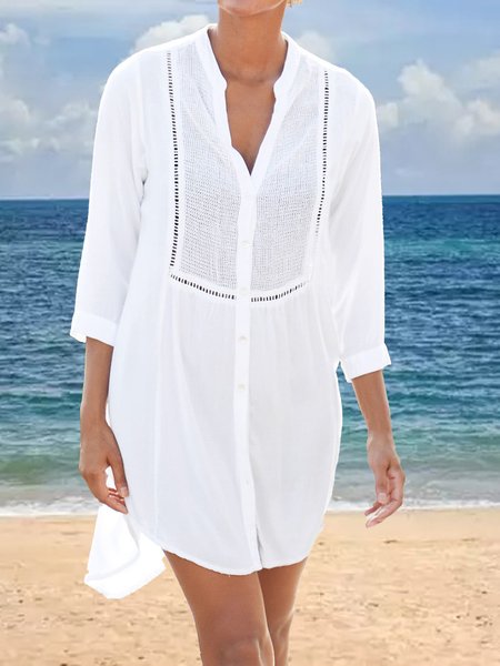 

V Neck Casual Plain Coverup, White, swimwear>>Cover Ups