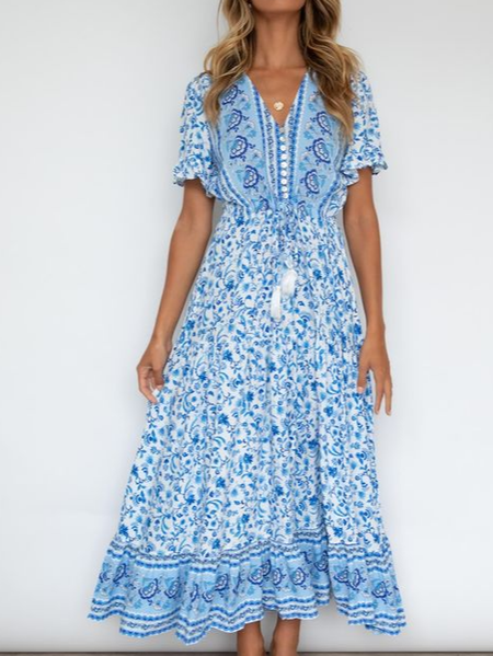 

Floral Boho Loose V Neck Dress, Blue, Dresses