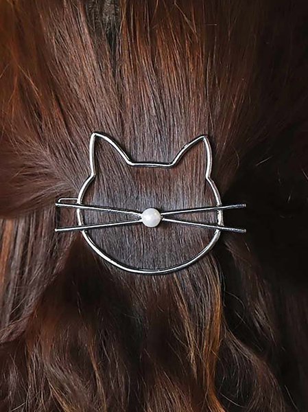 Casual Home Cat Pattern Pearl Hair Accessories Hair Clips, Silver, Women Hair Accessories