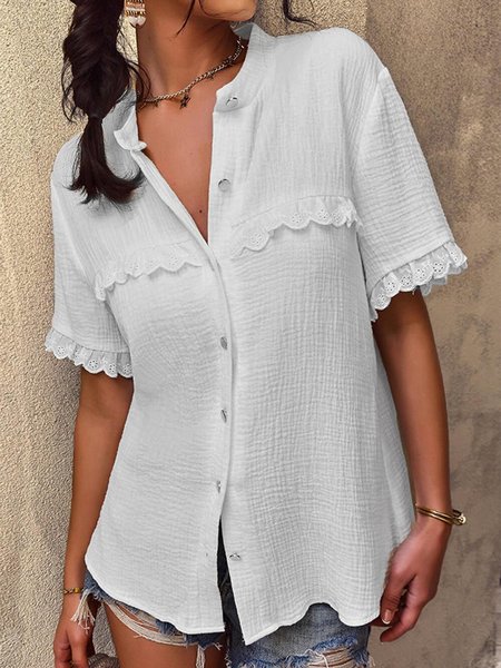 

Lace Casual Plain Loose Blouse, White, Shirts & Blouses