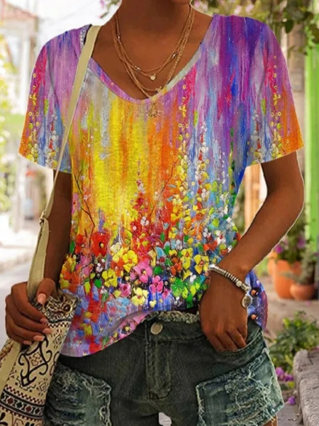 

Ombre Floral Casual Loose V Neck T-Shirt, Multicolor, T-Shirts
