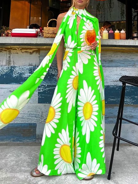 

V neck Regular Fit Vacation Floral Jumpsuit, Green, Jumpsuits