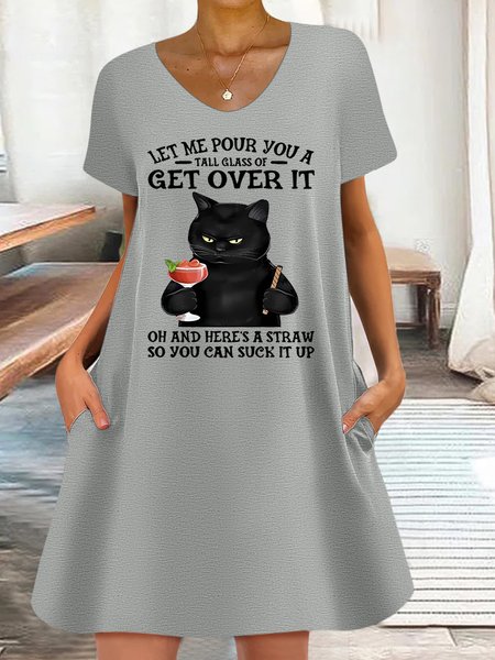 

Women's Let Me Pour You A Tall Glass Of Get Over It Oh And Here’s A Straw So You Can Suck It Up V Neck Dress, Gray, Dresses