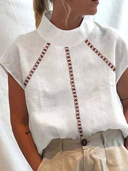 

Women Turtleneck White Hollow Out Lace Short Sleeve Cotton And Linen Top, Tees & T-shirts