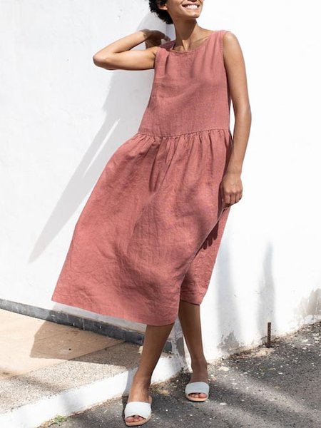 

Cotton And Linen Plain Casual Regular Fit Dress, Pink, Midi Dresses