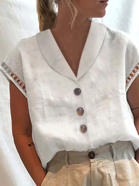 Cotton And Linen Linen Shawl Collar Blouse, White, Blouses & Shirts