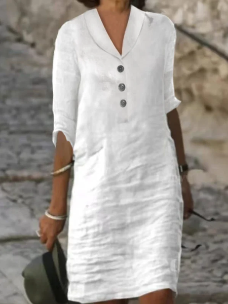 

Ladies Cotton Linen Three Quarter Sleeve V Neck Button Casual Dress, White, Dresses