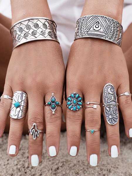 

9Pcs Boho Turquoise Ring Set Beach Vacation Ethnic Dress Women Jewelry, Silver, Rings