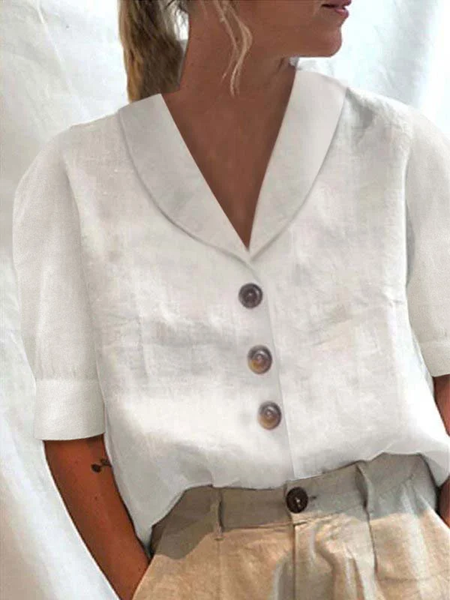 

Loose Shawl Collar Color Block Linen Blouse, White, Shirts & Blouses