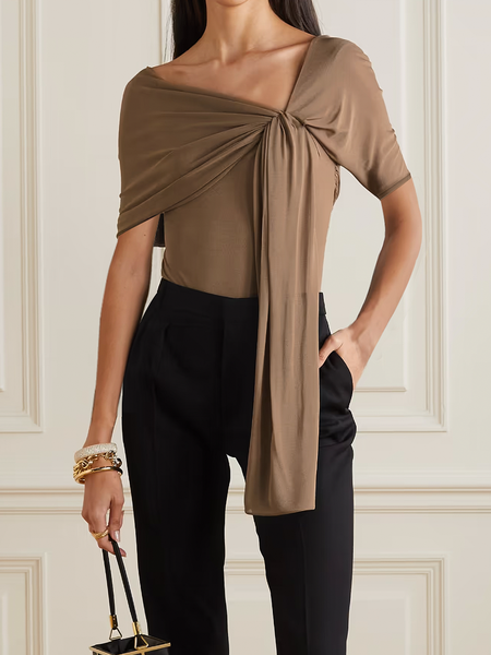 

High Elasticity Asymmetrical Urban Plain Regular Fit Short sleeve Shirt, Brown, Blouses and Shirts